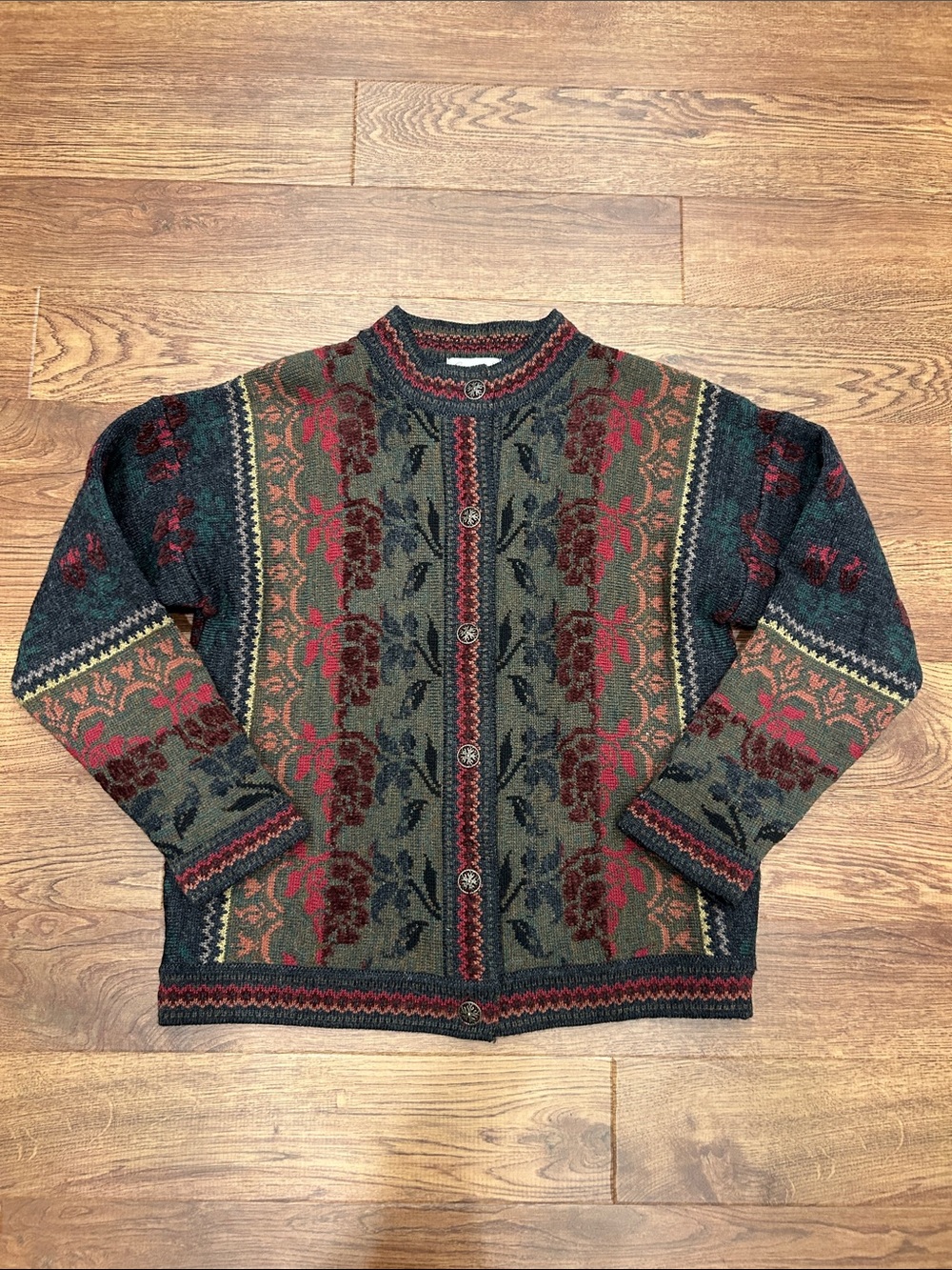 Cherry Lewis Vintage Wool Button-Up Tapestry Sweater Cardigan Olive Burgundy PM
